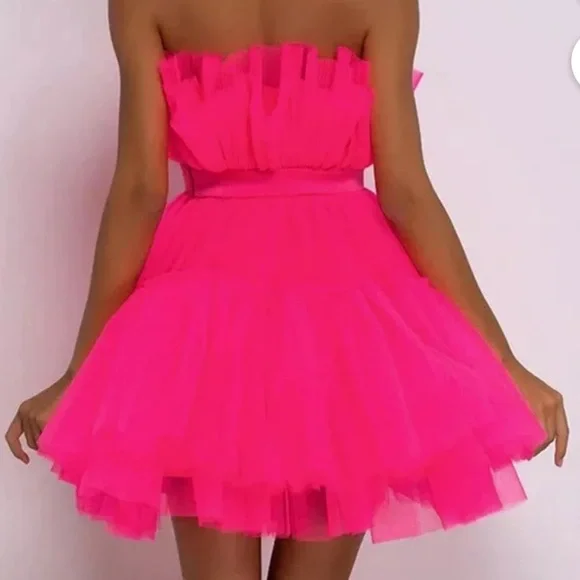 Hot Pink Strapless Toole dress with bow. - Picture 2 of 3
